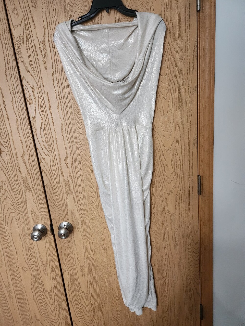 Metallic Ivory Cowl Neck, Back Out Evening Dress With A Hood